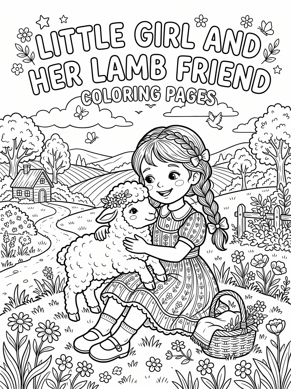 Little Girl and Her Lamb Friend Coloring Pages